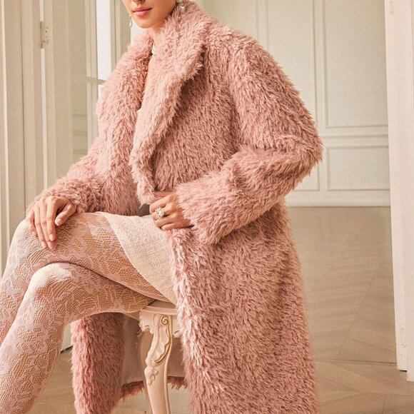 Pink Casual Women's Faux Shearling Crisp Collar Mid-Length Jacket - Picture 5 of 8